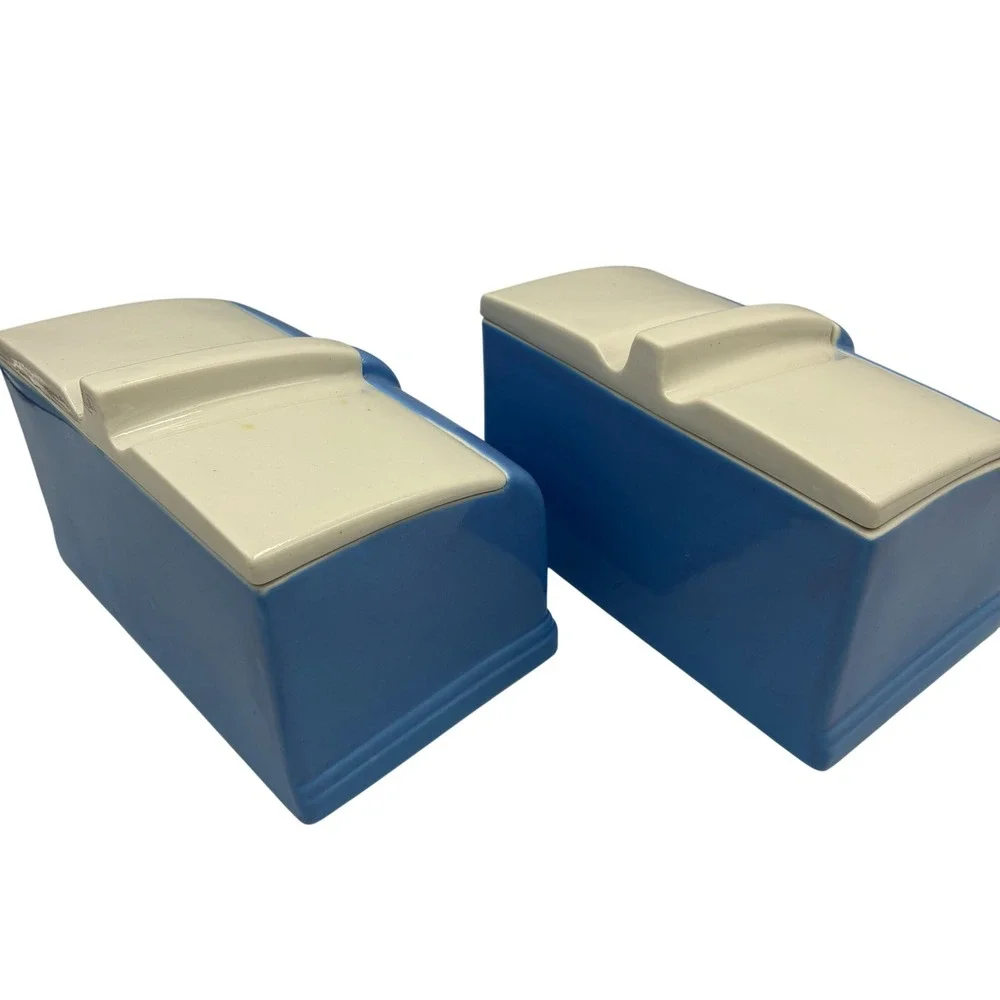Vintage Hall China Coldspot Blue White Vitrified Refrigerator Dishes Set of 2